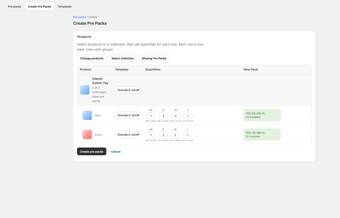 Create Pre Packs screen for setting size quantities across products