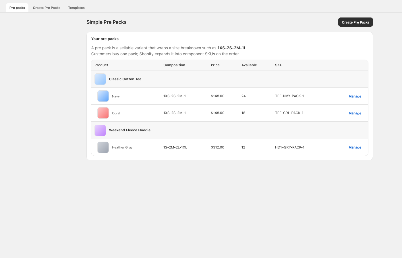 Simple Pre Packs dashboard showing pre pack list with composition, price, and inventory