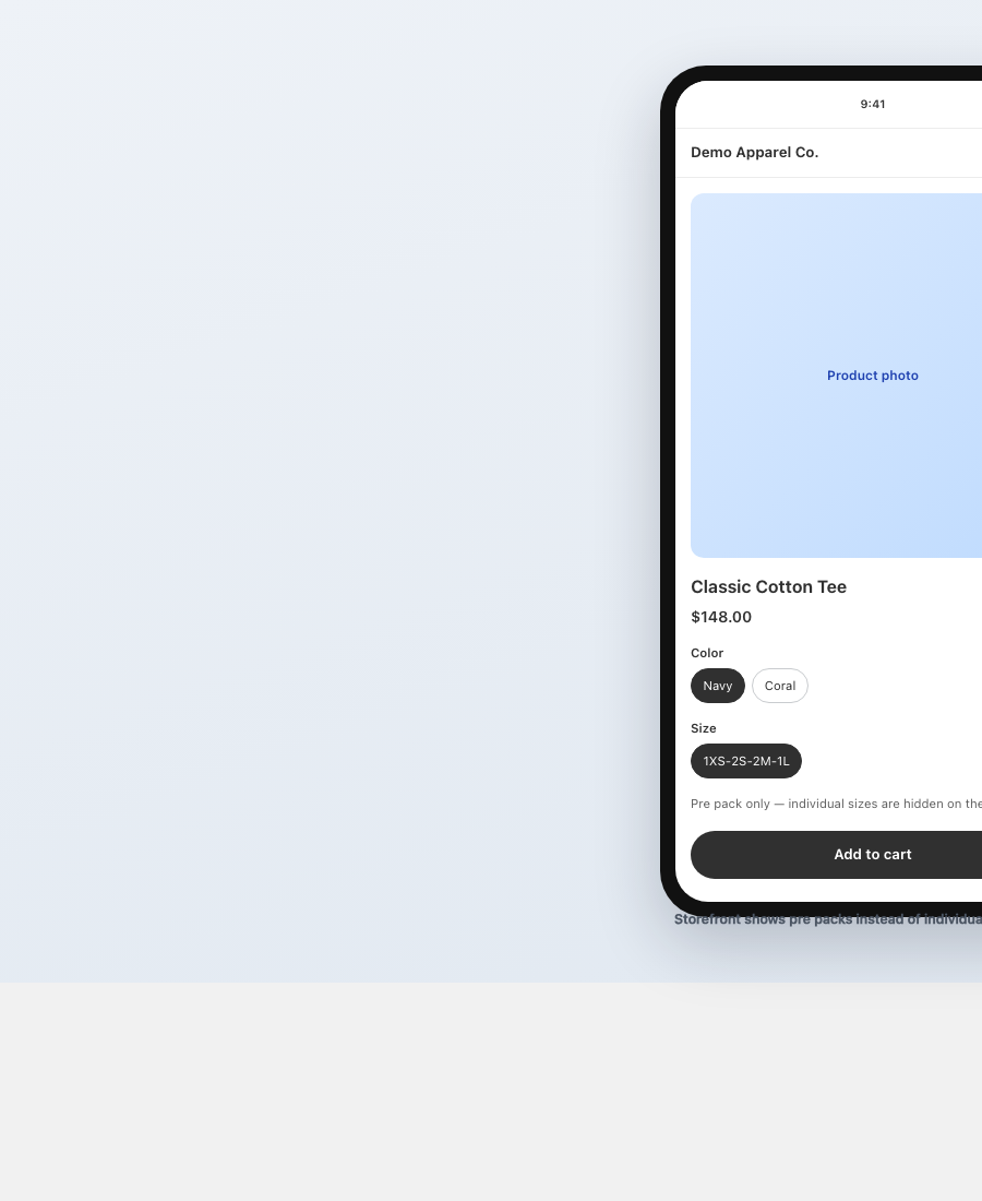 Mobile storefront showing a pre pack size option 1XS-2S-2M-1L instead of individual sizes